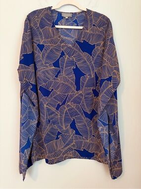 Asher Turner Cover Up Size Small Blue Gold Leaf Print Tunic Top Tropical Resort
